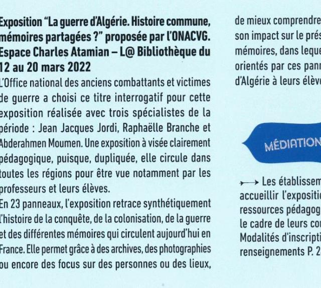 Exposition - La guerre d'Algérie. Histoire commune, mémoires partégées2 - bibliothèque mars 2022